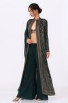 Nakul Sen_Green Chiffon Embroidery, Cut Work Mandarin Collar Cutdana Jacket Palazzo Set _Online_at_Aza_Fashions