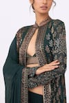 Nakul Sen_Green Chiffon Embroidery, Cut Work Mandarin Collar Cutdana Jacket Palazzo Set _at_Aza_Fashions