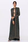 Buy_Nakul Sen_Green Chiffon Embroidery, Cut Work Mandarin Collar Cutdana Jacket Palazzo Set 