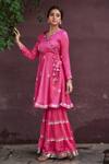 Buy_NEHA SAXENA_Pink Modal Silk Hand Painted Roses V Embroidered Kurta Gharara Set  _Online_at_Aza_Fashions