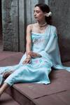 Shop_NEHA SAXENA_Blue Modal Silk Hand Painted Roses Square Embroidered Kurta Pant Set  _Online_at_Aza_Fashions