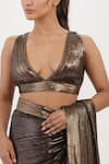 Shop_Nakul Sen_Brown Chiffon Embroidered Sequin Plunge V Neck Work Saree With Sleeveless Blouse _Online_at_Aza_Fashions