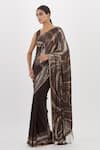Nakul Sen_Brown Chiffon Wave Pattern Saree With Sleeveless Blouse_Online_at_Aza_Fashions