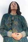 Nadima Saqib_Blue Georgette Print Paisley Stand Collar Kurta _Online_at_Aza_Fashions