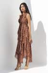 Buy_Nadima Saqib_Brown Georgette Print Paisley V Neck And Mandla Asymmetric Hem Dress _Online_at_Aza_Fashions