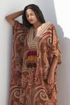 Nadima Saqib_Brown Georgette Print Mirror V Neck Paisley And Mandala Kaftan _Online_at_Aza_Fashions