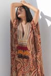 Buy_Nadima Saqib_Brown Georgette Print Mirror V Neck Paisley And Mandala Kaftan _Online_at_Aza_Fashions