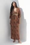 Nadima Saqib_Brown Crepe Print Paisley Plunge V Neck Maxi Dress _Online_at_Aza_Fashions