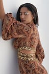 Nadima Saqib_Brown Crepe Print Paisley Plunge V Neck Maxi Dress _at_Aza_Fashions