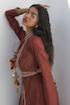 Buy_Nadima Saqib_Brown Chanderi Tissue Placement Embroidery Abla Collared Neck Border Jacket _Online_at_Aza_Fashions