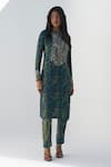 Buy_Nadima Saqib_Blue Crepe Printed Paisley Round Yoke Embroidered And Kurta _at_Aza_Fashions