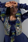 Nadima Saqib_Blue Silk Embroidery Mirror Round Neck And Thread Jacket _Online_at_Aza_Fashions
