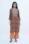 Shop_Nadima Saqib_Brown Crepe Printed Paisley Notched Embroidered And Kurta _Online_at_Aza_Fashions