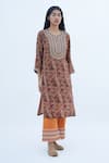 Nadima Saqib_Brown Crepe Printed Paisley Notched Embroidered And Kurta _at_Aza_Fashions