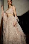Shop Nadine Dhody Beige Tulle Sequins, Beads, Feathers V-neck Camille Hand Embroidered Lehenga Set at Aza Fashions Shop_Nadine Dhody_Beige Tulle Sequins, Beads, Feathers V-neck Camille Hand Embroidered Lehenga Set _at_Aza_Fashions