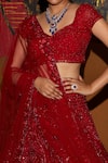 Nadine Dhody_Red Tulle Crystals, Sequins, Amour Floral Hand Embroidered Bridal Lehenga Set _Online_at_Aza_Fashions