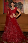 Buy_Nadine Dhody_Red Tulle Crystals, Sequins, Amour Floral Hand Embroidered Bridal Lehenga Set _Online_at_Aza_Fashions