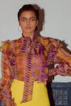 Nirmooha_Yellow Organza Geometric Print Tie-up Neck Top _Online_at_Aza_Fashions