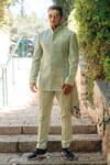 Buy_Sahil Kochhar_Green Silk Embroidery Nishkarsh Flower And Crystal Bandhgala Jacket _Online_at_Aza_Fashions