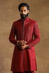 Raghavendra Rathore Jodhpur Maroon Raw Silk Geometric Pattern Embroidered Achkan Online at Aza Fashions Raghavendra Rathore Jodhpur_Maroon Raw Silk Geometric Pattern Embroidered Achkan _Online_at_Aza_Fashions