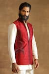 Raghavendra Rathore Jodhpur_Maroon Raw Silk Geometric Pattern Embroidered Bandhgala Waistcoat_Online_at_Aza_Fashions