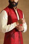 Buy_Raghavendra Rathore Jodhpur_Maroon Raw Silk Geometric Pattern Embroidered Bandhgala Waistcoat_Online_at_Aza_Fashions