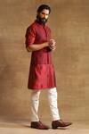 Buy_Raghavendra Rathore Jodhpur_Maroon Raw Silk Embroidered Geometric Pattern Bandhgala Waistcoat _Online_at_Aza_Fashions