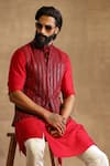 Buy_Raghavendra Rathore Jodhpur_Red Tussar Embroidered Stripes Waistcoat _Online_at_Aza_Fashions