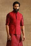 Buy_Raghavendra Rathore Jodhpur_Maroon Raw Silk Stitch Line Textured Waistcoat_Online_at_Aza_Fashions