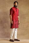 Shop_Raghavendra Rathore Jodhpur_Maroon Raw Silk Stitch Line Textured Waistcoat_Online_at_Aza_Fashions