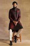 Shop Raghavendra Rathore Jodhpur Maroon Raw Silk Geometric Pattern Achkan Online at Aza Fashions Shop_Raghavendra Rathore Jodhpur_Maroon Raw Silk Geometric Pattern Achkan _Online_at_Aza_Fashions