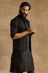 Raghavendra Rathore Jodhpur_Black Tanchoi Floral Jaal Raised Collar Front Open Waistcoat_Online_at_Aza_Fashions