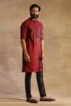 Buy_Raghavendra Rathore Jodhpur_Maroon Raw Silk Embroidered Floral Pattern Kurta_Online_at_Aza_Fashions