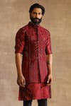 Raghavendra Rathore Jodhpur_Maroon Raw Silk Embroidered Floral Long Waistcoat _Online_at_Aza_Fashions