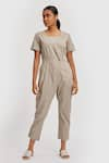 Buy_Reistor_Beige Poplin Plain Square Neck Jumpsuit With Overlap Neckline  _Online_at_Aza_Fashions