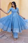 Buy_Pomcha Jaipur_Blue Cotton Gota Patti Floral Print Anarkali Set _Online_at_Aza_Fashions