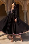 POMCHA JAIPUR_Black Anarkali And Pant Cotton & Dupatta Organza Print Floral Angrakha Set _Online_at_Aza_Fashions