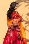 POMCHA JAIPUR_Orange Cotton Printed Leheriya Leaf Neck Veena Kurta Lehenga Set_Online_at_Aza_Fashions