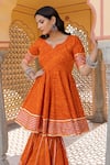 Shop_POMCHA JAIPUR_Orange Kurta And Sharara Cotton & Dupatta Soft Net Embroidery & Meera Set _Online_at_Aza_Fashions