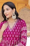 Buy_POMCHA JAIPUR_Pink Cotton Printed Floral V Neck Jumari Anarkali Pant Set _Online_at_Aza_Fashions