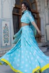 Shop_POMCHA JAIPUR_Blue Muslin Printed Floral V Neck Daylilly Blouse Lehenga Set _Online_at_Aza_Fashions