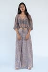 Nikita Vishakha_Grey Silk, Georgette Persian V Neck Print Sheer Top And Palazzo Set_Online_at_Aza_Fashions
