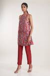 Pooja Bagaria_Red Top Vegan Silk Suede And Embroidery Floral Pearls & Pant Set _Online_at_Aza_Fashions