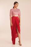 Buy_Pooja Bagaria_Red Chanderi Round Neck Houndstooth Crop Top And Draped Skirt Set _Online_at_Aza_Fashions