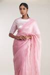 Pooja Bagaria_Pink Silk, Polyester Lace Round Neck Chantilly Trim Saree Set _Online_at_Aza_Fashions
