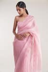 Buy_Pooja Bagaria_Pink Organza Print Sweetheart Neck Lace Border Saree With Strappy Blouse _Online_at_Aza_Fashions