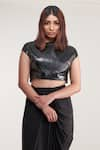 Pooja Bagaria_Black Pu Leather And Crepe Print Boat Crop Top & Skirt Set  _Online_at_Aza_Fashions