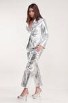 Pooja Bagaria_Silver Pu Leather Print Notched Lapel Metallic Blazer And Pant Set _Online_at_Aza_Fashions