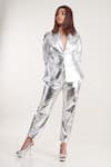 Shop_Pooja Bagaria_Silver Pu Leather Print Notched Lapel Metallic Blazer And Pant Set _Online_at_Aza_Fashions