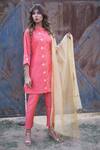 The Home Affair_Peach Cotton Satin, Cotton, Silk, Chiffon Cut Work, Gota Patti Kurta Pant Set _Online_at_Aza_Fashions